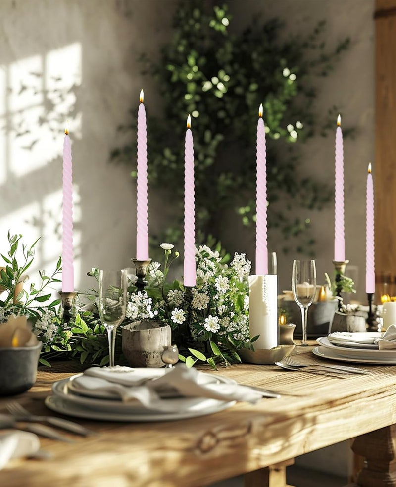 LPUSA Light Pink Tall Taper Candles Spiral Candle Sticks,Unscented Pastel Candle for Holiday,Wedding and Home Decoration,10inch,12 Pack(E-Light Pink) - Image 3